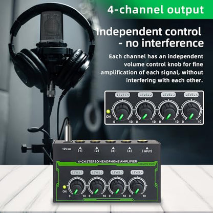 Headphone Amplifier 4 Channel Stereo Headphone Amp Mini Audio Amplifier with Power Adapter DC 12V 6.35mm Input/Output Interface Portable Earphone Amp Splitter for Stage Studio