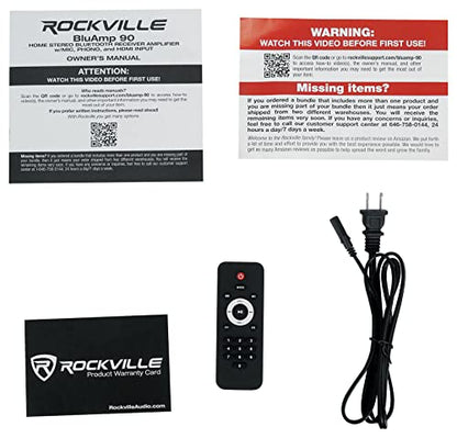 Rockville BLUAMP 90 Bluetooth 5.0 Stereo Receiver Amp with HDMI ARC | 400W Peak/50W x 2 RMS at 4 Ohm, HDMI ARC, Optical, Phono/Aux, USB/SD, Dual 1/4" Mic Inputs with Echo, RCA Output, Remote