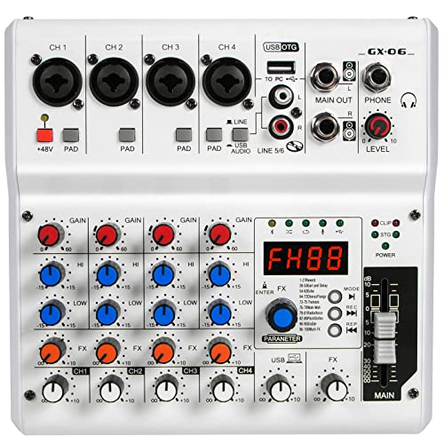 6-Channel Audio Mixer with 99 Sound Effects for PC,Portable Sound Mixing Console with BT USB Recording Input for Live Streaming,Podcasting,DJ Show