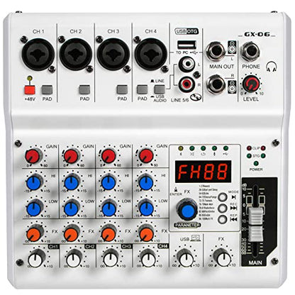 6-Channel Audio Mixer with 99 Sound Effects for PC,Portable Sound Mixing Console with BT USB Recording Input for Live Streaming,Podcasting,DJ Show