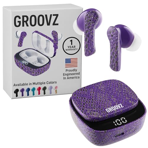 Groovz True Wireless Earbuds with Charging Case - Designed and Engineered in The USA - IPx4 Water Resistant Bluetooth Earbuds Compatible with Apple and Android - 27Hrs Battery Life - Purple Python - color: Purple