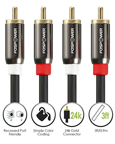 FosPower 2 RCA M/M Stereo Audio Cable [24K Gold Plated | Copper Core] 2RCA Male to 2RCA Male [Left/Right] Premium Sound Quality Plug - 3ft | 2RCA Male to 2RCA Male M/M Stereo Audio Cable, 24K Gold Plated, Copper Core, Left/Right Premium Sound Quality, 3FT