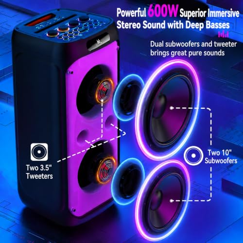 600W Peak Extra-Large Party Speaker with 2 Wireless Microphones, Big Bluetooth PA Speaker with Deep Bass, Dual 10" Woofers, 3.5" Tweeters & LED for Backyard Parties, BBQs, Camping & Outdoor - color: CHARCOAL BLACK