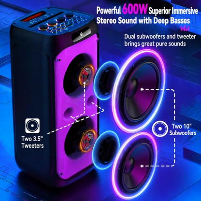 600W Peak Extra-Large Party Speaker with 2 Wireless Microphones, Big Bluetooth PA Speaker with Deep Bass, Dual 10" Woofers, 3.5" Tweeters & LED for Backyard Parties, BBQs, Camping & Outdoor - color: CHARCOAL BLACK