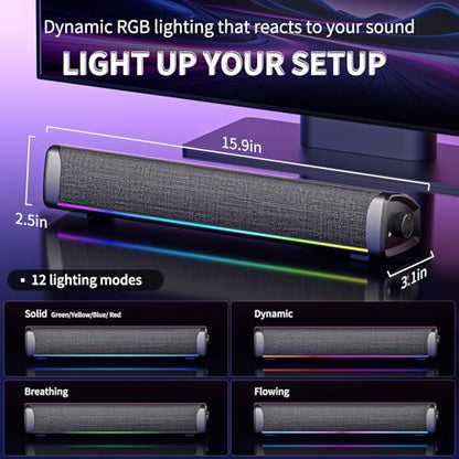 Computer Speakers for Desktop PC, Gaming Soundbar with 4 Drivers, 12 RGB Lighting Modes, USB/USB-C Powered PC Speakers, Plug & Play Monitor Sound Bar with Mic & Headphone Jack for Laptop, PC, Black