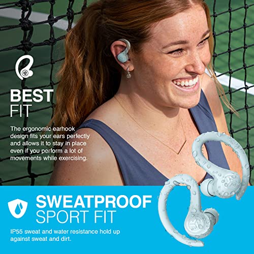 JLab Go Air Sport True Wireless Earbuds, Light Blue, Featuring C3 Clear Calling, Secure Earhook Sport Design, 32+ Hour Bluetooth Playtime, and 3 EQ Sound Settings - color: Light Blue, style: Sport