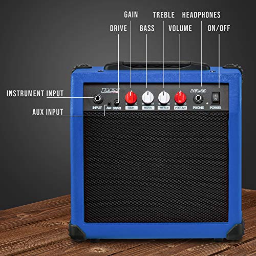 LyxPro Electric Guitar Amp 20 Watt Amplifier Built in Speaker Headphone Jack and Aux Input Includes Gain Bass Treble Volume and Grind - Blue - color: Blue, size: 20 Watt