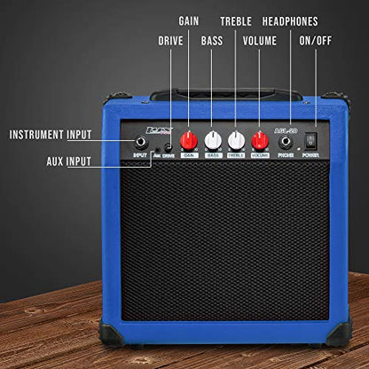LyxPro Electric Guitar Amp 20 Watt Amplifier Built in Speaker Headphone Jack and Aux Input Includes Gain Bass Treble Volume and Grind - Blue - color: Blue, size: 20 Watt
