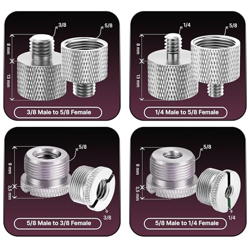 Mic Stand Adapter Set 8 pc - Metal Tripod Adapters Female-Male 5/8-3/8, 3/8-5/8, 5/8-1/4, 1/4-5/8 ADP02 Silver - color: Silver