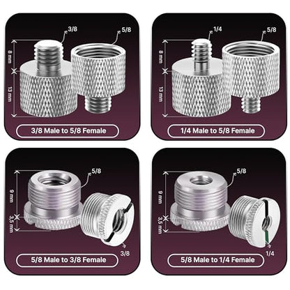 Mic Stand Adapter Set 8 pc - Metal Tripod Adapters Female-Male 5/8-3/8, 3/8-5/8, 5/8-1/4, 1/4-5/8 ADP02 Silver - color: Silver