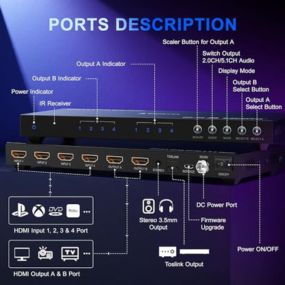 4K HDMI Multiviewer Switch 4x2 with PIP, PORTTA Quad Multi Viewer Seamless Switcher 4 in 2 Out with Toslink, 3.5mm Audio Output Support 4K 30Hz, 6 Viewing Modes, Downscaler for PS4/PC/DVD - size: Multiviewer 4x2 4K@30Hz