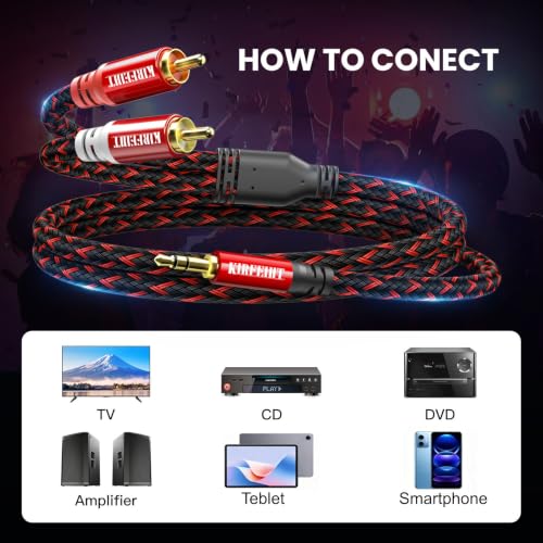 KIRFEIHT RCA to 3.5mm Audio Cable - 10FT AUX OFC Core Cord RCA Cables with Nylon Braided 1/8 Gold-Plated Connectors for Smartphones, Tablets, Speakers, HDTV, Amplifiers - Red & Black - size: 10FT, style: 2RCA TO 3.5MM