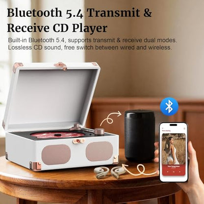 RetroAudio CD Player with Speakers Retro Portable CD Players for Home Music Player with Remote Control,V5.4 Bluetooth in&Out Desktop Suitcase CD Player with AUX in, Headphone Jack,USB Playback，White - color: White