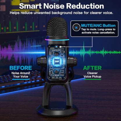 ZealSound Podcast Microphone, Noise Cancellation USB Mic with Gain, Volume & Mute Control, Zero-Latency Monitoring, Echo & RGB Lighting, for YouTube TikTok Podcasting Gaming PC iPhone iPad Android Mac