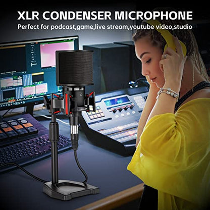 XLR Podcast Microphone Professional Cardioid Condenser Microphone for PC Computer Studio XLR Mic Kit for Recording/Podcasting/Streaming/Voice Over/ASMR/Home Studio/YouTube with Desktop Stand | 48V power required.XLR podcast mic for vocals, voiceovers and