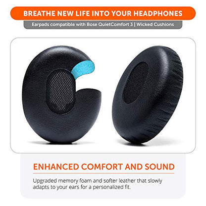 WC PadZ QC3 - Replacement Ear Cushions for Bose QuietComfort 3 | Made by Wicked Cushions | Extra Durable Leather, Softer Memory Foam, Added Thickness | Black