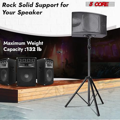 5 Core Speaker Stand Pair Universal Mount Steel Construction 132 Lb Capacity Stable Tripod w/Adjustable Height 72” w 35mm Compatible Insert Metal Safety Pin Included Bag - color: Black