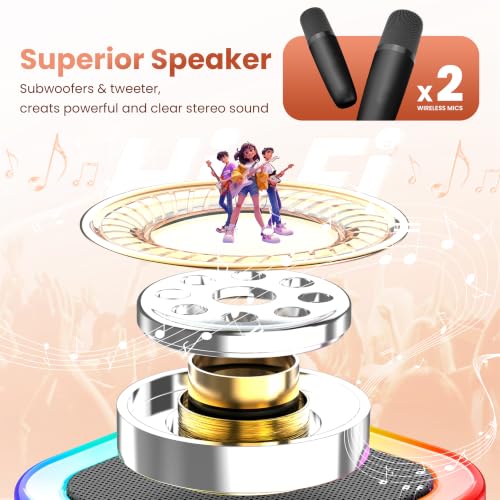 Mini Karaoke Machine, Portable Bluetooth Speaker & 2 Wireless Microphones | Karaoke Player Karaoke Microphone For Family Home Party Outdoor With HI-FI Sound | 5 Magic Sound | PA System | USB | TF | AUX - color: Black