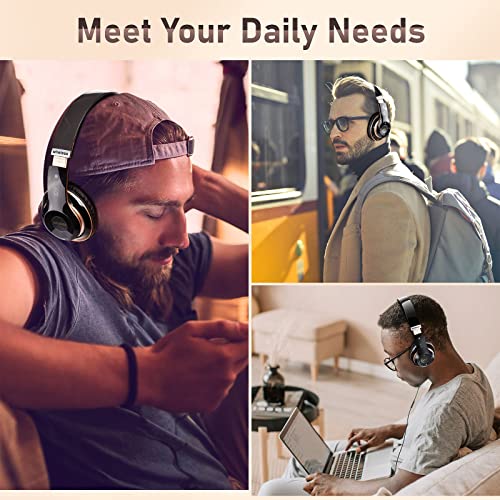Bluetooth Headphones Over Ear, 6S Wireless Headphones Wired with 6 EQ Modes, 40 Hours Playtime Foldable HiFi Stereo Headset with Microphone, FM/TF for Cellphone/PC/Work (Black & Gold) - color: Black & Gold