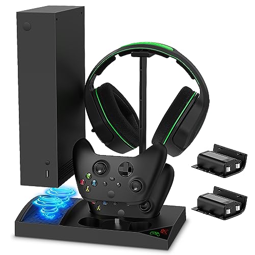 YUANHOT Vertical Cooling Stand Charging Station for Xbox Series S Console | Dual Fan Cooling System for Xbox Series S Accessories with 2Pack 1400mAh Rechargeable Battery for Controller, Headset Holder - color: Black