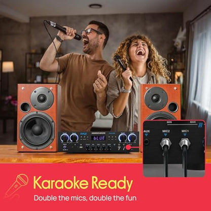Pyle Home Stereo Receiver with Bluetooth - 4 Channel Amplifier, 800 Watt Max, USB-A Input w MP3 Player, Easy Karaoke Setup with Mic Vol, Reverb and Delay, RCA in/Out, SD Card, FM Radio - PDA77BU