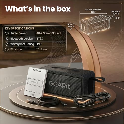 GEARit 40W Waterproof Portable Bluetooth Speaker, Loud Bass, AUX & TWS | IPX6 waterproof, deep bass, indoor/outdoor EQ; AUX, USB-C, USB-A, MicroSD playback; TWS pairs two for stereo - size: Inline - 40W