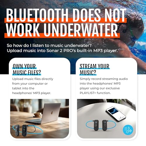 H2O Audio Sonar 2 PRO Waterproof Bone Conduction Headphones for Swimming – Open-Ear Underwater IPX8 Waterproof Headphones - MP3 Player with Playlist+ App for Bluetooth Streaming - 10 Hour Battery Life