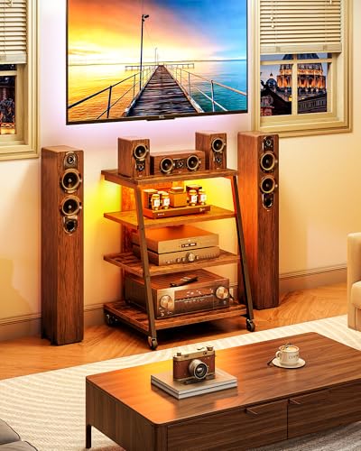 CHOEZON 4-Tier AV Media Stand with Wheels, Stereo Stands, Media Console Shelf with Power Strips, LED Lights, Wooden Audio Cabinet Rack Tower, Rustic Brown and Black TCJ60UDBF