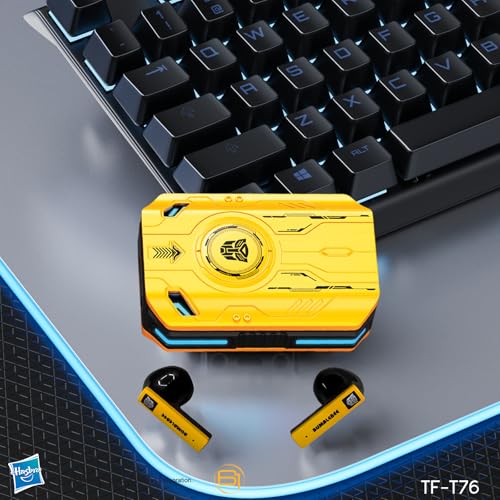 Transformers Earbuds T76, Bluetooth 6.0 Wireless Gaming Earbuds with Mic, Low Latency in Ear Earbuds, 13mm Drivers, HD Calling, 40H Playtime, Zinc Alloy Case (Bumblebee Yellow) - color: Bumblebee Yellow