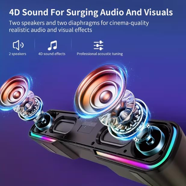 Bluetooth Computer Soundbar Speakers, Rechargeable Gaming Sound Bar with RGB, Support FM Radio/TF Card/AUX/USB Playback, Speakers for Desktop, Laptop, TV, Phone, HD Stereo Loud Sound, Punchy Bass