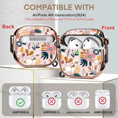 for AirPods 4 Case with Safety Lock, Magsafe Compatible, Pink Flower | Double Secure Lock,Drop Protection,Two-Piece Design,with Gold Keychain, Anti Lost, Dustproof, Cute AirPod 4 Case - color: Brown + Pink, size: AirPods 4 Case