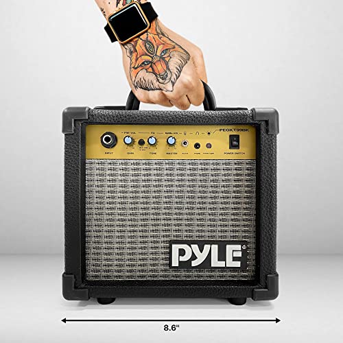 Pyle Portable Mini Electric Guitar Amp - 10 Watt Practice Instrument Amplifier w/ 5" Loudspeaker, Volume,Bass, Treble, Distortion,Gain Controls, Headphone Output,Carry Handle,Leather/Wood Construction