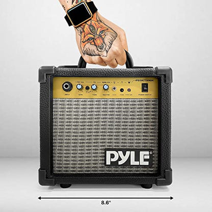 Pyle Portable Mini Electric Guitar Amp - 10 Watt Practice Instrument Amplifier w/ 5" Loudspeaker, Volume,Bass, Treble, Distortion,Gain Controls, Headphone Output,Carry Handle,Leather/Wood Construction