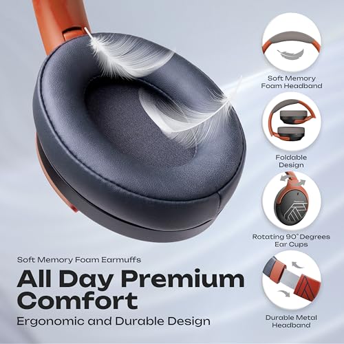 PowerLocus Bluetooth Headphones Over Ear, 60H Playtime, 4 EQ Modes Wireless Headphones with Microphone, Hi-Fi Stereo Deep Bass Foldable Headphone, Soft Foam Ear Cups,Fast Charging for Travel/PC/Phones - color: Grey/Orange