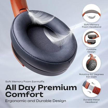 PowerLocus Bluetooth Headphones Over Ear, 60H Playtime, 4 EQ Modes Wireless Headphones with Microphone, Hi-Fi Stereo Deep Bass Foldable Headphone, Soft Foam Ear Cups,Fast Charging for Travel/PC/Phones - color: Grey/Orange