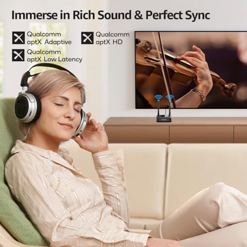 1Mii B06TX+ Bluetooth 5.3 Transmitter for TV to 2 Wireless Headphones | Bluetooth Audio Adapter with Screen, Volume Control, aptX Adaptive/Low Latency/HD, Optical/Coaxial/3.5mm AUX/RCA Inputs - color: black