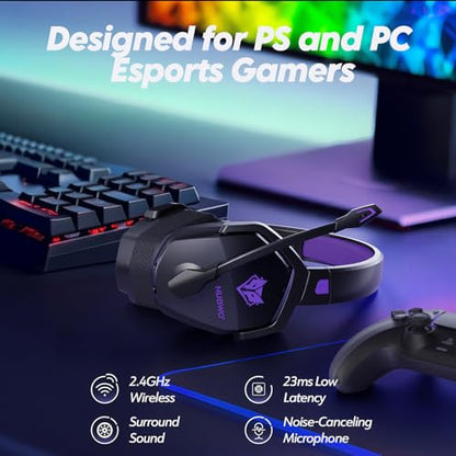 NUBWO Wireless Gaming Headset with Mic for Ps5 Ps4 PC, Zero Interference, 100-Hour Battery All-Day Play, 23ms Sync for Fortnite & Call of Duty/FPS Gamers, Triple Mode All Devices Compatible - Purple - color: Purple