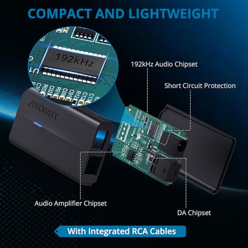 AUTOUTLET 192KHz SPDIF to RCA Converter, 6FT/1.8M Digital to Analog Audio Converter, Built-in Amplifier, 0.7m RCA Cable, Plug and Play, Optical/Toslink to RCA Converter for HDTV, DVD and Game Console
