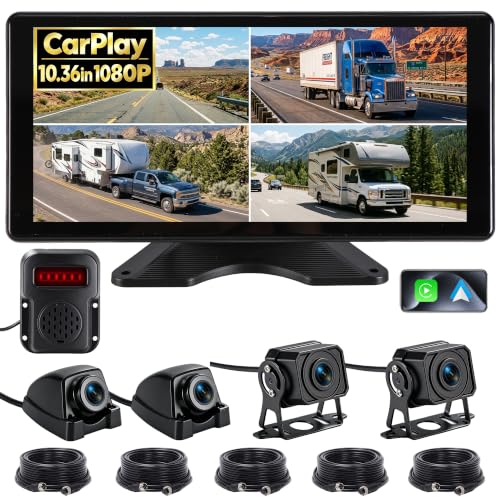 RV Camera System with CarPlay Android Auto 10.36 Inch Touch Monitor | 4 1080P wired IP69 backup cameras, BSD blind spot alert, 24H parking monitor, DVR recording, for semi truck trailer RV camper