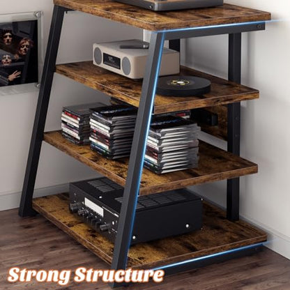 Besiost AV Media Stand with Outlets, Media Console with LED Lights, Stereo Racks and Stands with Storage Shelves, Media Audio Tower Cabinet, Rustic Brown - color: Rustic