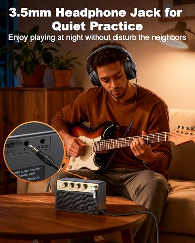 Guitar Amp with Clean Drive, 3.5mm /AUX 6H Work for Indoor Practice Travel | 10W Mini Guitar Amplifier USB-C Rechargeable Bluetooth Small Portable Amp