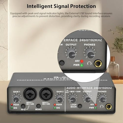USB Sound Interface Recorder - 2-Channel XLR TRS High Impedance Input with Phantom Power, 192KHz/24Bit for Music Recording on Computer & Phone, 6.8 x 4.7 x 1.9 Inch