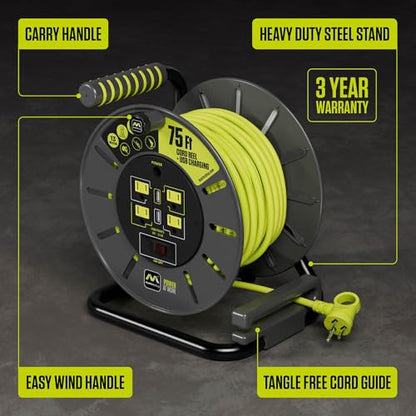 Masterplug 75ft Cord Reel, Retractable Extension Lead with Winding Handle, Safety Overload Circuit Breaker and Power Switch, 4x Grounded Outlets, 2x USB Ports, 13amps, 14AWG Cable - size: 75ft, style: 14 AWG