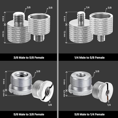 Mic Stand Adapter Set 8 pieces Metal Microphone Stand Screw Thread Adapter 5/8 Female to 3/8 Male 3/8 Female to 5/8 Male 5/8 Female to 1/4 Male 1/4 Female to 5/8 Male Tripod Adapter ADP01A Slvr - color: Silver