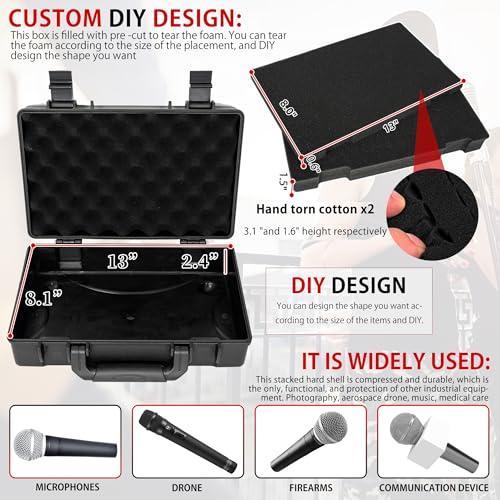 TORIBIO Hard Carrying Case with Foam, Shockproof Storage Box 13.6"x8.3"x2.5" - size: 13.6" x 8.3" x 2.5"