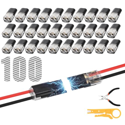 100 PCS Double Wire Plug-in Connector, Wire Cutter & Stripper | Snap-On Blocks with Locking Buckle Design for Low-Voltage Strip Lights DIY Crafting and Wiring Projects, Model Kits 2 Pin