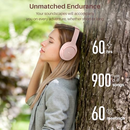 TOZO Hybrid Active Noise Cancelling Headphones, Hi Res Audio | Wireless Over Ear Bluetooth Headset, 60H Playtime, Custom EQ via App Deep Bass Comfort Fit Ear Cups, for Home Office Travel - color: Pink