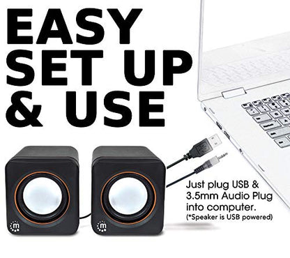Manhattan USB Powered Stereo Speaker System - Small Size - with Volume Control & 3.5 mm Aux Audio Plug to Connect to Laptop, Notebook, Desktop, Computer - 3 Yr Mfg Warranty - Black Orange, 161435 | Powered desktop sound pair with analog input, 90 Hz-20 kH