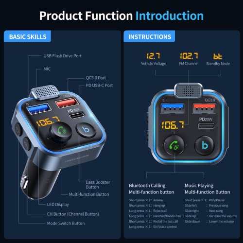 UNBREAKcable Bluetooth 5.3 FM Transmitter for Car Radio Adapter Charger | PD 20W and QC 3.0 Fast Charge, HiFi Bass Sound, Strong Mic, Hands Free Calls, Siri and Google Voice Assistant - color: Blue