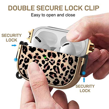 for AirPods Pro 2nd/1st Case with Safety Lock, Magsafe Compatible, Leopard | Double Secure Lock,Drop Protection,Two-Piece Design,with Gold Keychain, Anti Lost, Dustproof, Cute AirPods Pro 2nd/1st Case - color: Brown + Yellow, size: AirPods Pro2/Pro1 Case